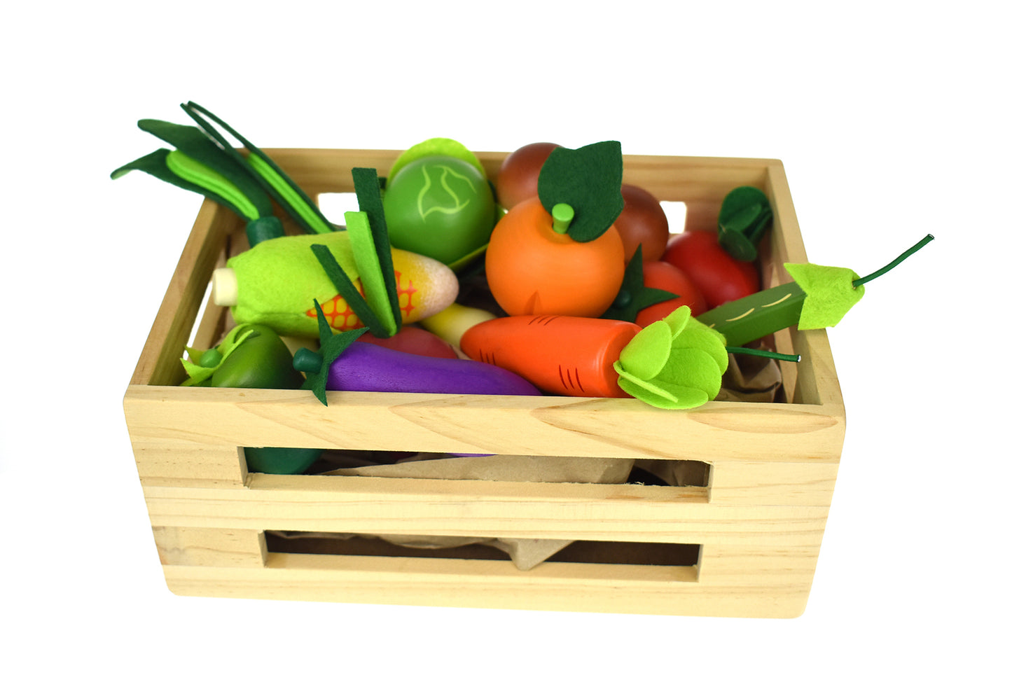 WOODEN VEGETABLES/ FRUIT 15 PCS SET WITH WOODEN CRATE